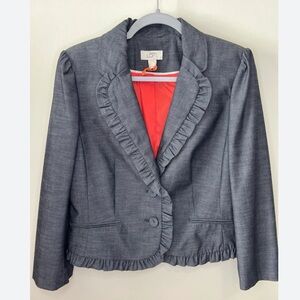 ANN TAYLOR LOFT Vintage Ruffled Dark Wash Denim Crop Length Blazer
